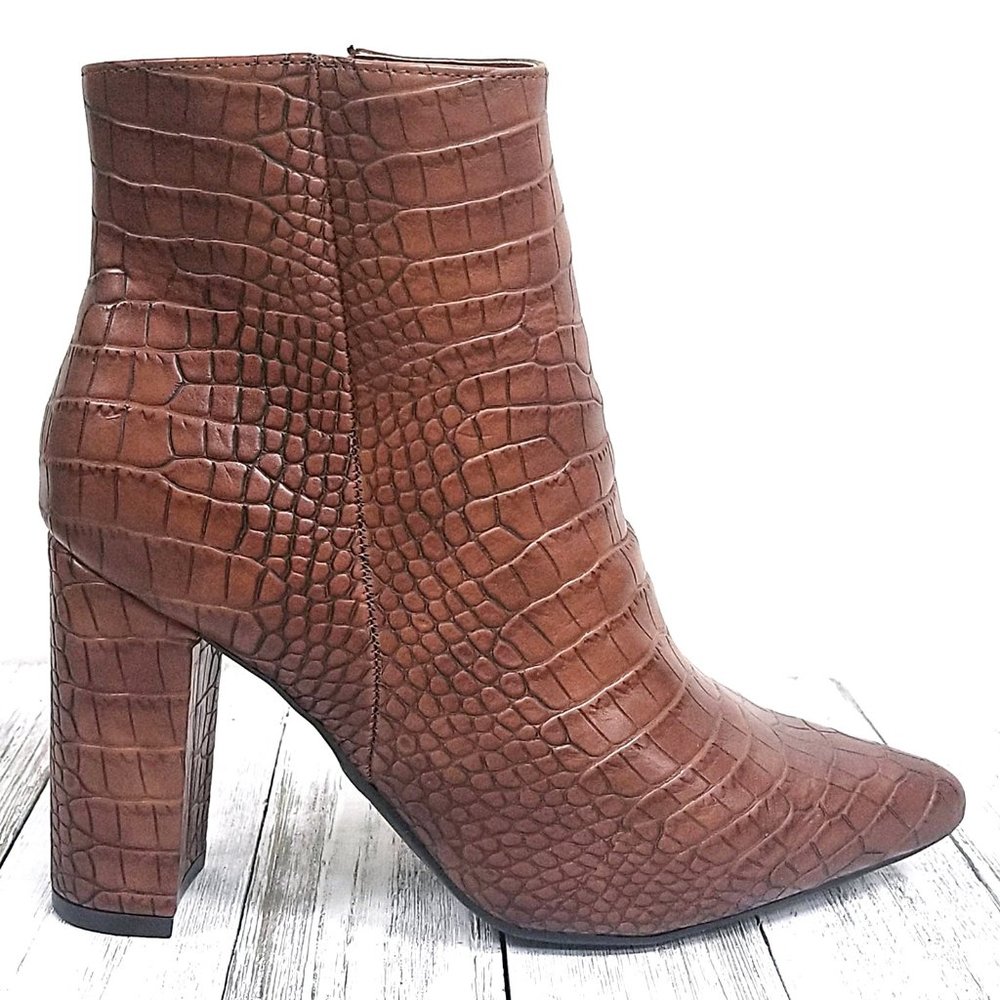 New Brown Croc Chunky Heel Point Toe Booties Boots